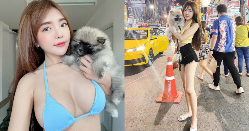 好想當她的狗！「長髮美腿妹」去哪都要帶萌犬，專業趴胸部讓人好羨慕！