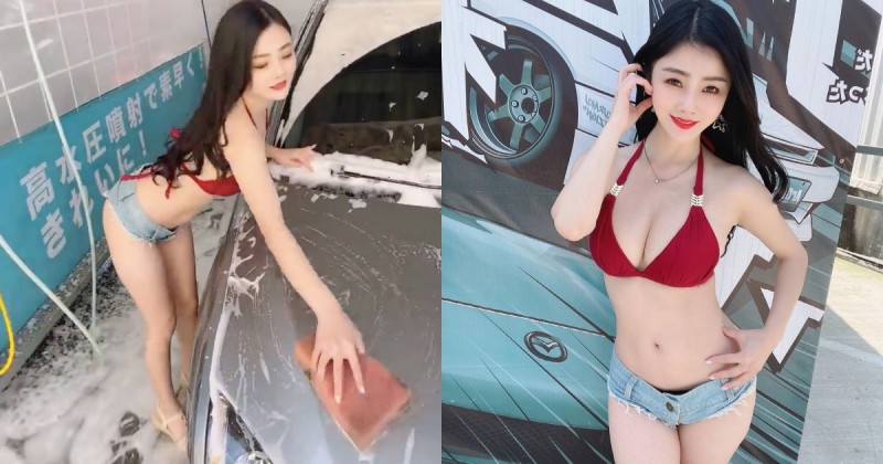 辣妹洗車94厲害！「比基尼美乳正妹」幫車洗泡泡浴，白皙窈窕好性感！