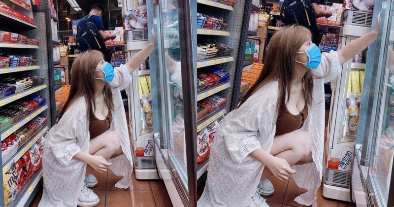 【博狗扑克】深蹲選飲料！捕捉「超商白皙爆乳妹」，「極品事業線」好讓人轟動！