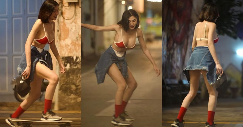 【博狗扑克】「 短髮巨乳正妹」深夜街頭溜滑板！超清涼爆乳內衣＋小熱褲，滑到哪都搶眼！