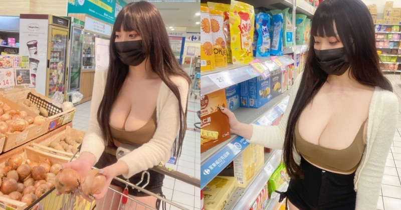 【博狗扑克】F奶巨乳運動員「低胸逛超市」！濃濃乳香藏不住，熱褲下「白嫩美腿」若隱若現！